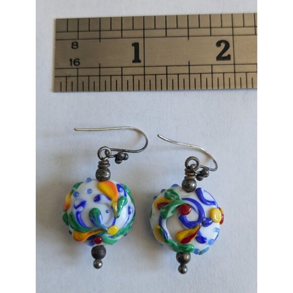 Hand Blown Glass Bead Earrings Colorful Swirls Sterling Silver Hooks - Picture 8 of 13